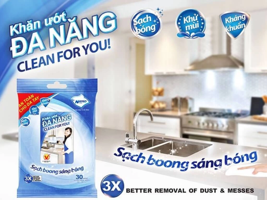 Khăn lau đa năng Nano kháng khuẩn hương tự nhiên túi 30 tờ