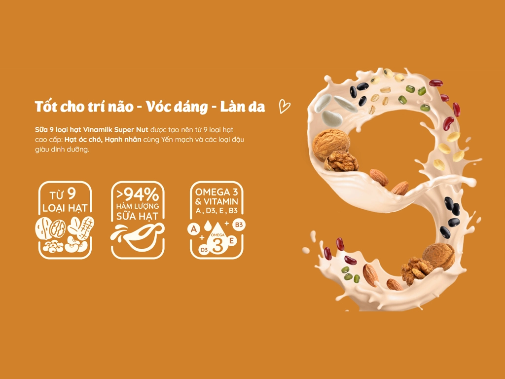 3 hộp sữa 9 loại hạt Vinamilk Super Nut ít đường 1 lít