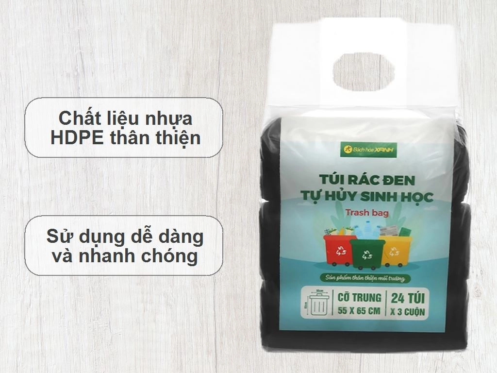 2 lốc 6 cuộn túi rác đen tự huỷ sinh học Bách Hóa XANH 55x65cm (1kg)